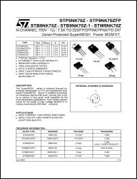 STP9NK70Z datasheet: N-CHANNEL 700V 1 OHM 7.5A TO-220/TO-220FP/D2PAK/I2PAK/TO-247 ZENER-PROTECTED SUPERMESH POWER MOSFET STP9NK70Z