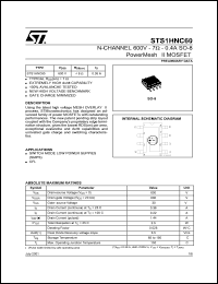 STS1HNC60 datasheet: N-CHANNEL 600V 7 OHM 0.4A SO-8 POWERMESH II MOSFET STS1HNC60