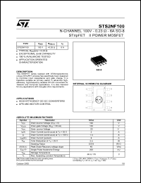 STS2NF100 datasheet: N-CHANNEL 100V - 0.23 OHM - 6A SO-8 STRIPFET II POWER MOSFET STS2NF100