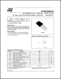 STW200NF03 datasheet: N-CHANNEL 30V - 0.002 OHM - 120A TO-247 ULTRA LOW ON-RESISTANCE STRIPFET II MOSFET STW200NF03