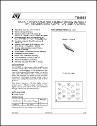 TS4851 datasheet: 1W LOUDSPEAKER & 2X160MW HEADSET BTL DRIVERS WITH DIGITAL VOLUME CONTROL TS4851