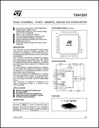 TSA1203 datasheet: DUAL-CHANNEL, 12-BIT, 40MSPS A/D CONVERTER TSA1203