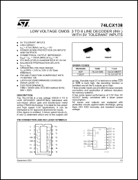 74LCX138M datasheet: LOW VOLTAGE CMOS 3 TO 8 LINE DECODER (INV.) WITH 5V TOLERANT INPUTS 74LCX138M