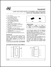 74LVX157MTR datasheet: LOW VOLTAGE QUAD 2 CHANNEL MULTIPLEXER WITH 5V TOLERANT INPUTS 74LVX157MTR