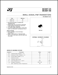 BC807-25 datasheet: SMALL SIGNAL PNP TRANSISTOR BC807-25