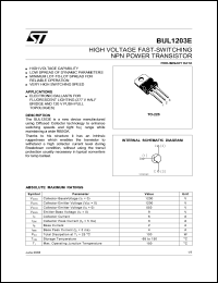 BUL1203E datasheet: HIGH VOLTAGE FAST-SWITCHING NPN POWER TRANSISTOR BUL1203E