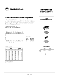 MC74AC151DR2 datasheet: 1-of-8 Decoder/Demultiplexer MC74AC151DR2