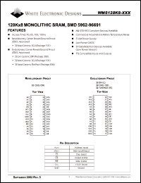 WMS128K8L-100CIA datasheet: 100ns; 5V power supply; 128K x 8 CMOS monolithic SRAM, SMD 5962-96691 WMS128K8L-100CIA