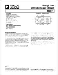 AD1317KZ datasheet: InputV: max 9V; ultrahigh speed window comparator with latch. For high speed pin electronic receiver, high speed triggers, threshold detectors and peak detectors AD1317KZ