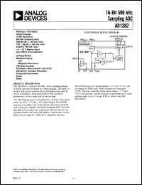 AD1382KD datasheet: 18V; 900mW; 16-bit 500kHz sampling ADC. For medical imaging, CAT, magnetic resonance, vibration analysis, parametric measurement unit (ATE) AD1382KD