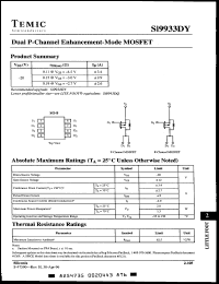 Si9933DY datasheet: Dual P-channel enhancement-mode MOSFET, 20V, 3.4A Si9933DY