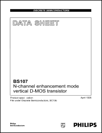 BS107 datasheet: N-channel enhancement mode vertical D-MOS transistor. Drain-source voltage 200 V. Drain current(DC) 150 mA. BS107