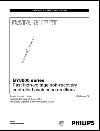 BY8006 datasheet: Fast high-voltage soft-recovery controlled avalanche rectifier. Repetitive peak reverse voltage 8 kV. Package code SOD61AD, inner band violet, outer band green. BY8006