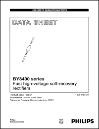 BY8406 datasheet: Fast high-voltage soft-recovery rectifier. Repetitive peak reverse voltage 8 kV. Package code SOD61AC, inner band black, outer band green. BY8406