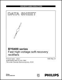 BY8408 datasheet: Fast high-voltage soft-recovery rectifier. Repetitive peak reverse voltage 10 kV. Package code SOD61AD, inner band black, outer band red. BY8408