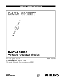 BZW03-C10 datasheet: Voltage regulator diode. Working voltage (nom) 10 V. Transient suppressor diode. Reverse breakdown voltage (min) 9.4 V. BZW03-C10