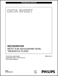 P89C538NBAA datasheet: 80C51 8-bit microcontroller family, 64k x 8 FLASH EPROM program memory. P89C538NBAA