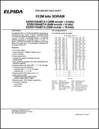 EDS5108ABTA-7A datasheet: 512M bits SDRAM (64M words ? 8 bits), 3.3V power supply, 133 MHz EDS5108ABTA-7A