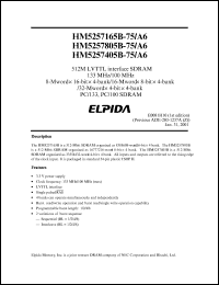 HM5257805BTD-75 datasheet: 512M LVTTL interface SDRAM, 16-Mword ? 8-bit ? 4-bank, 3.3 V power supply, 133 MHz HM5257805BTD-75