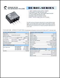 DUR01-05S12 datasheet: Input range:4.5-5.5 VDC;output voltage:12 VDC; output current:84 mA;input current:272 mA; 1 W DC-DC converter DUR01-05S12