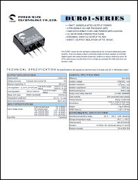 DUR01-05S33 datasheet: Input range:4.5-5.5 VDC;output voltage:3.3 VDC; output current:303 mA;input current:312 mA; 1 W DC-DC converter DUR01-05S33