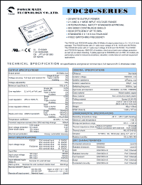 FDC20-12T0515 datasheet: Input range:9-18 VDC;output voltage:5/+/-15 VDC; output current:2000 /+/-250 mA;input current:1919 mA; 20 W DC-DC converter FDC20-12T0515