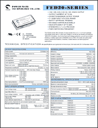 FED20-48S05 datasheet: Input range:36-75 VDC;output voltage:5 VDC; output current:4000 mA mA;input current:490 mA; 20 W DC-DC converter FED20-48S05