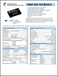 SDC20-48S3P3 datasheet: Input range:36-75 VDC;output voltage:3.3 VDC; output current:4000 mA;input current:344 mA; 20 W DC-DC converter SDC20-48S3P3