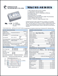 MKC03-24D12 datasheet: Input range:18-36 VDC;output voltage:+/-12 VDC; output current:+/-125 mA;input current:169 mA; 3 W DC-DC converter MKC03-24D12