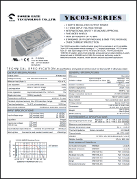 YKC03-24D12 datasheet: Input range:18-36 VDC;output voltage:+/-12 VDC; output current:+/-125 mA;input current:174 mA; 3 W  DC-DC converter YKC03-24D12