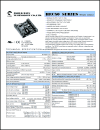 HEC50-48S15 datasheet: Input range:36-75 VDC;output voltage:15 VDC; output current:3.3 A;input current:1.2 A; 50 W  single output DC-DC converter HEC50-48S15