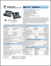 HEC75-48S15 datasheet: Input range:36-75 VDC;output voltage:15 VDC; output current:5 A;input current:1.860 A; 75 W  single output DC-DC converter HEC75-48S15
