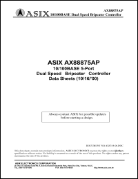 AX88875AP datasheet: 0.5-7.0V; 10/100BASE 5-port dual speed Bripeater controller AX88875AP