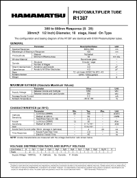 R1387 datasheet: Stectral responce: 300 to 850nm; 1250Vdc; anode current: 0.2mA; hotomultiplier tube R1387