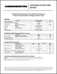 R1513 datasheet: Spectral responce: 300 to 850nm; 2000Vdc; anode current: 0.1mA; hotomultiplier tube R1513