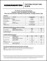 R1878 datasheet: Spectral responce: 300 to 850nm; 1500Vdc; anode current: 0.1mA; photomultiplier tube R1878