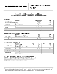 R1894 datasheet: Spectral responce: 300 to 850nm; 1500Vdc; anode current: 0.03mA; photomultiplier tube R1894