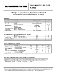 R2066 datasheet: Spectral responce: 300 to 900nm; 1500Vdc; anode current: 0.2mA; photomultiplier tube R2066