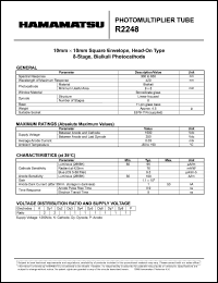 R2248 datasheet: Spectral responce: 300 to 650nm; 1500Vdc; anode current: 0.03mA; photomultiplier tube R2248