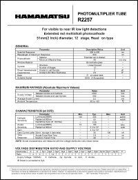 R2257 datasheet: Spectral responce: 300 to 900nm; 2700Vdc; anode current: 0.2mA; photomultiplier tube R2257