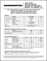 R3235-01 datasheet: Spectral responce: 300 to 650nm; 2500Vdc; anode current: 0.1mA; high-speed photon counting photomultiplier tube R3235-01