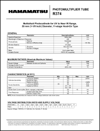 R374 datasheet: Spectral responce:185-850nm; 1500Vdc; 0.1mA; photomultiplier tube R374