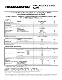 R4632 datasheet: Spectral responce:185-850nm; between anode and cathode:1250Vdc; 0.1mA; photomultiplier tube R4632