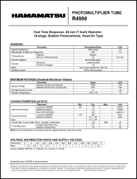 R4998 datasheet: Spectral responce:300-650nm; between anode and cathode:2500Vdc; 0.1mA; photomultiplier tube R4998