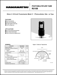R5108 datasheet: Spectral responce:400-1200nm; between anode and cathode:1500Vdc; 0.1mA; photomultiplier tube R5108
