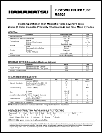 R5505 datasheet: Spectral responce:300-650nm; between anode and cathode:2300Vdc; 0.01mA; photomultiplier tube R5505