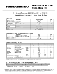 R632-01 datasheet: Spectral responce:400-1200nm; between anode and cathode:1500Vdc; 0.01mA; photomultiplier tube R632-01