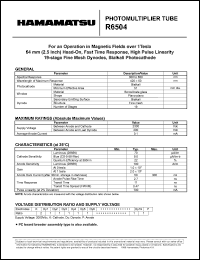 R6504 datasheet: Spectral responce:300-650nm; between anode and cathode:2300Vdc; 0.1mA; photomultiplier tube R6504