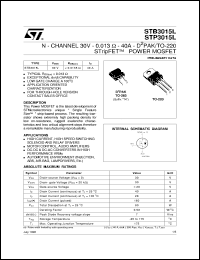 STP3015L datasheet: N-CHANNEL 30V - 0.013 OHM - 40A - D2PAK/TO-220 STRIPFET POWER MOSFET STP3015L