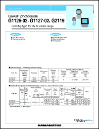 G1127-02 datasheet: Active area size:4.6x4.6mm; reverse voltage:5V; GaAsP photodiode - schottky type for UV to visible range. For analytical instruments, color identification and UV detection G1127-02